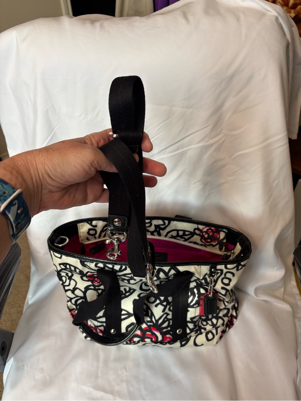 Coach PoppyFloral Tote Bag in White, Black & Red - Picture 7 of 7
